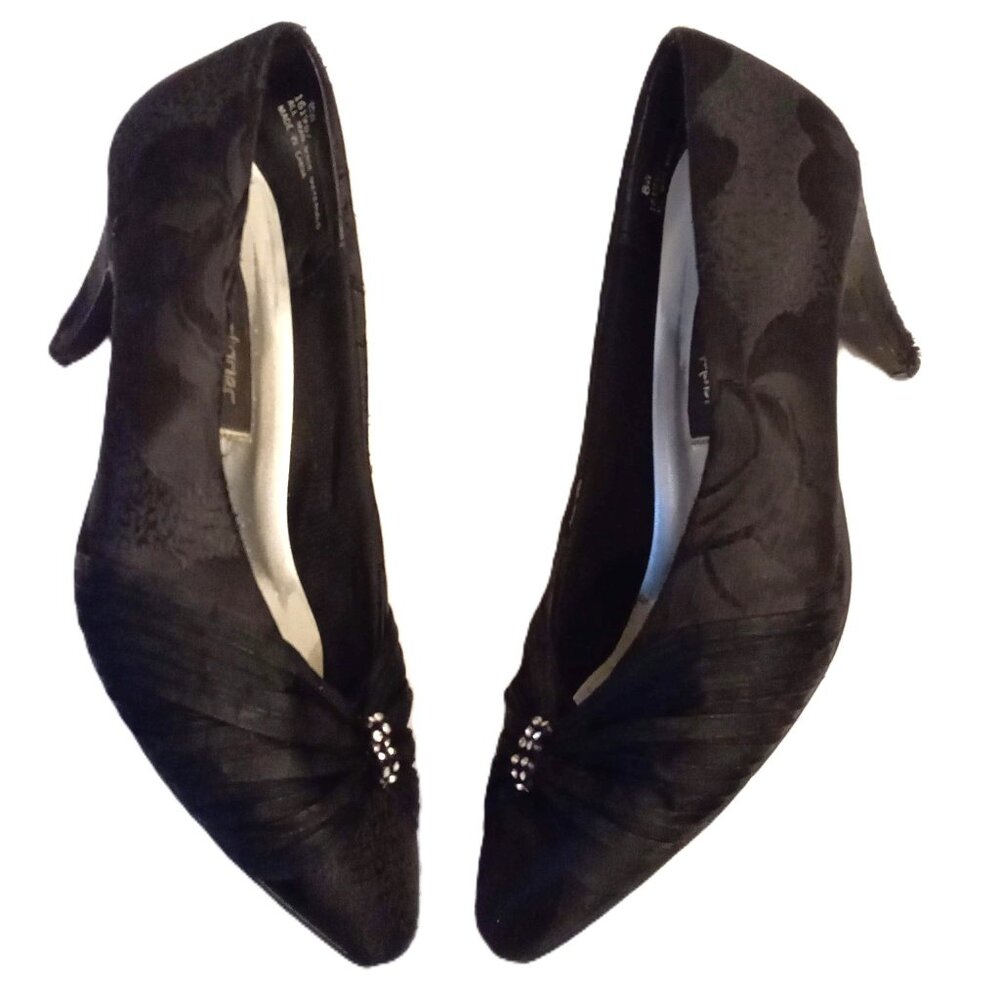 Black Satiny Fabric Pumps with Rhinestones 8 W Silver Slipper Medium Heel Shoes
